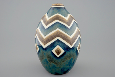 A Charles Catteau stoneware gr&egrave;s vase with tree color design, Boch K&eacute;ramis, 1st half 20th C.