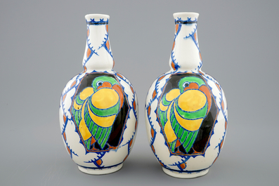 A pair of Charles Catteau vases with parrots for Boch K&eacute;ramis, 1st half 20th C.