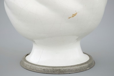 A large white Delft pewter-mounted jug with rope twist handle, 17th C.