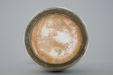 A large white Delft pewter-mounted jug with rope twist handle, 17th C.