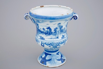 A Dutch Delft blue and white urn-shaped garden vase, 18th C.