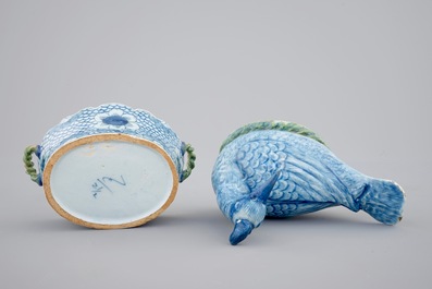 Un beurrier en forme d'oiseau en fa&iuml;ence de Delft polychrome, 18&egrave;me