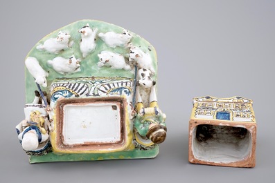 A rare French pottery group with musicians herding sheep by a house, 18th C.