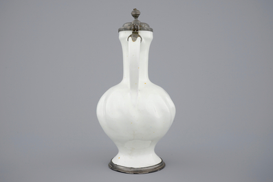 A white Dutch Delft pewter-mounted gadrooned jug, 18th C.