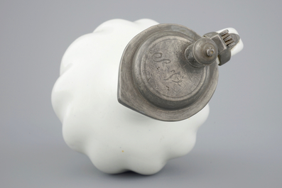 A white Dutch Delft pewter-mounted gadrooned jug, 18th C.