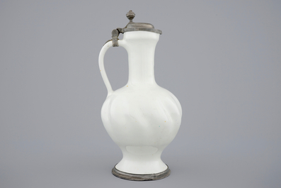 A white Dutch Delft pewter-mounted gadrooned jug, 18th C.