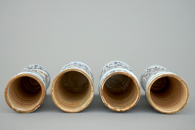 A set of four tall Spanish blue and white albarelli, 18th C.