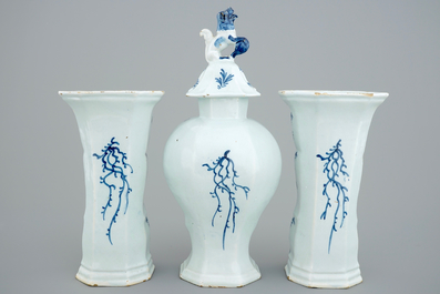 A fine three-piece blue and white Dutch Delft garniture, 18th C.