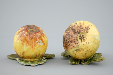 A polychrome Dutch Delft apple and a pear, 18th C.