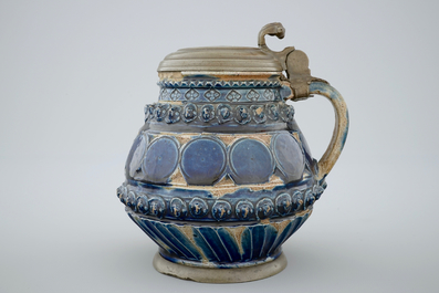 A pewter-mounted Muskau stoneware stein, dated 1660