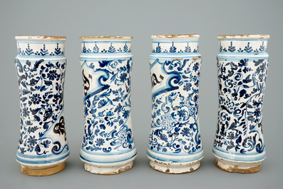 A set of four tall Spanish blue and white albarelli, 18th C.