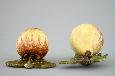 A polychrome Dutch Delft apple and a pear, 18th C.