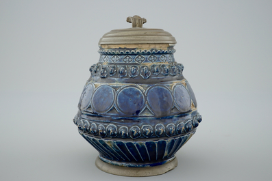 A pewter-mounted Muskau stoneware stein, dated 1660