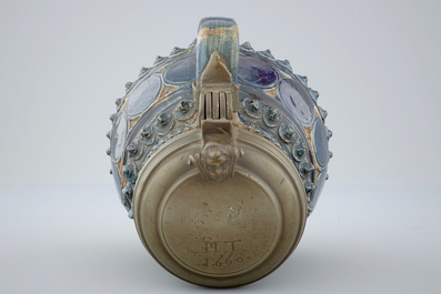 A pewter-mounted Muskau stoneware stein, dated 1660