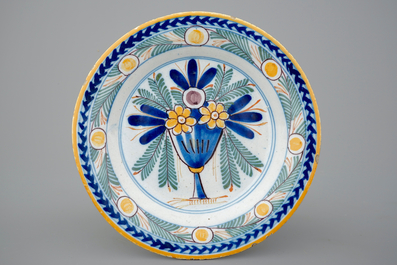3 Dutch Delft dishes, blue, white and polychrome, 18th C.