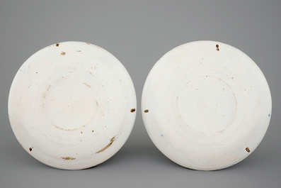 A nice pair of polychrome Dutch Delft chinoiserie plates, 18th C.
