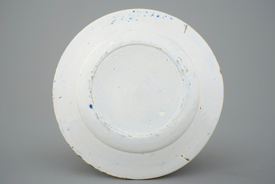 3 Dutch Delft dishes, blue, white and polychrome, 18th C.