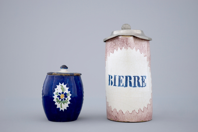 A Brussels faience dish, a beer stein and a mustard jar, 18th C.