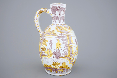 A large yellow and manganese chinoiserie jug, Frankfurt or Delft, 17th C.