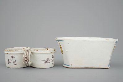 A Dutch Delft strainer, a wall flower holder and a cruet stand in French faience, 18th C.