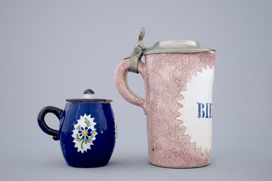 A Brussels faience dish, a beer stein and a mustard jar, 18th C.