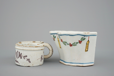 A Dutch Delft strainer, a wall flower holder and a cruet stand in French faience, 18th C.