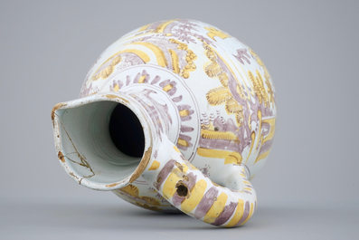 A large yellow and manganese chinoiserie jug, Frankfurt or Delft, 17th C.
