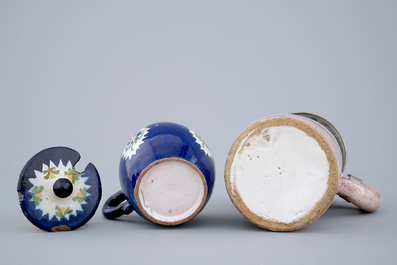 A Brussels faience dish, a beer stein and a mustard jar, 18th C.