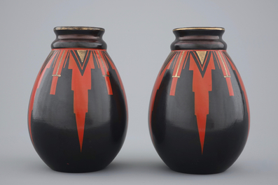 A pair of geometrical art deco vases, Saint-Ghislain, Belgium, ca. 1930