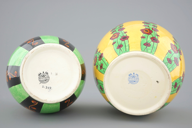 Een lot Boch K&eacute;ramis art deco: drie cachepots en een vaas, 20e eeuw