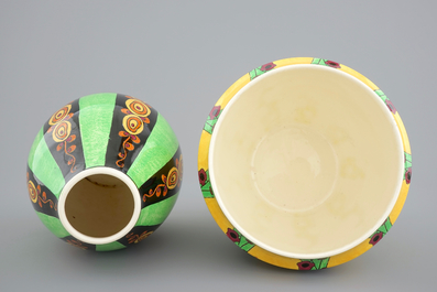 Een lot Boch K&eacute;ramis art deco: drie cachepots en een vaas, 20e eeuw