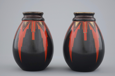 A pair of geometrical art deco vases, Saint-Ghislain, Belgium, ca. 1930