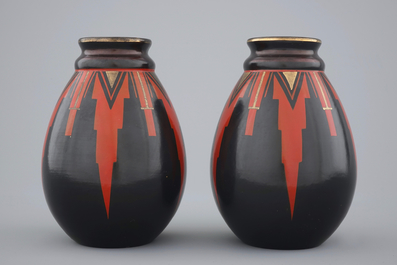 A pair of geometrical art deco vases, Saint-Ghislain, Belgium, ca. 1930