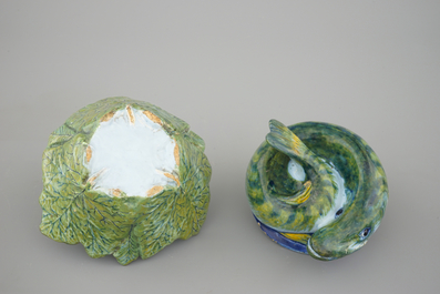 Une terrine en forme de poisson en fa&iuml;ence polychrome de Delft, 18&egrave;me