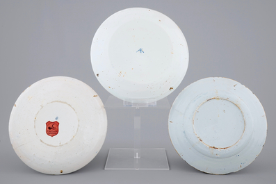 Two blue and white plates and a polychrome chinoiserie plate, Delft, 18/19th C.