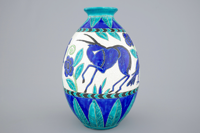 A Charles Catteau crackle glazed vase with birds for Boch K&eacute;ramis, 1st half 20th C.