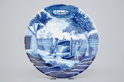 Un ensemble de 12 assiettes de la s&eacute;rie des mois en fa&iuml;ence de Delft, 19&egrave;me