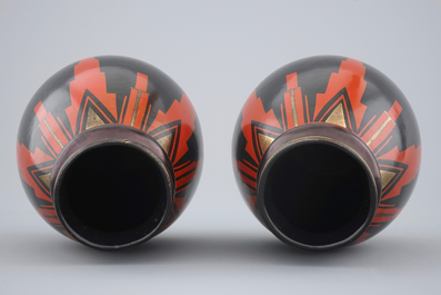 A pair of geometrical art deco vases, Saint-Ghislain, Belgium, ca. 1930