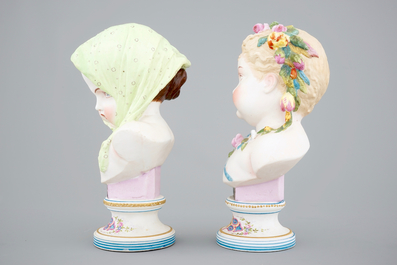A pair of polychrome allegorical biscuit busts, Vion et Baury, Paris, 19th C.