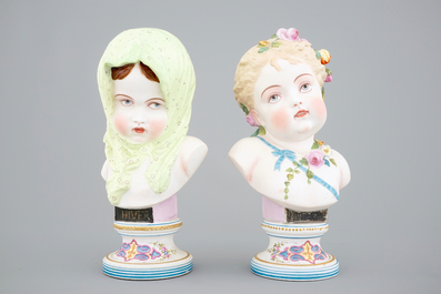 A pair of polychrome allegorical biscuit busts, Vion et Baury, Paris, 19th C.