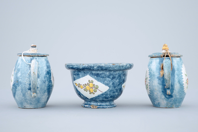 2 Brussels faience blue ground mustard jugs and a bowl, 18th C.