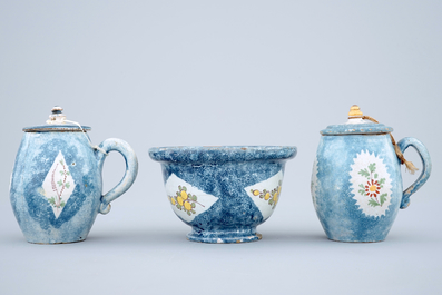 2 Brussels faience blue ground mustard jugs and a bowl, 18th C.