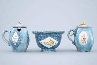 2 Brussels faience blue ground mustard jugs and a bowl, 18th C.