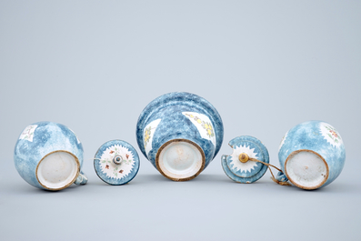 2 Brussels faience blue ground mustard jugs and a bowl, 18th C.