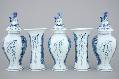 A 5-piece blue and white Dutch Delft garniture with landscape design, 18th C.