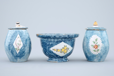 2 Brussels faience blue ground mustard jugs and a bowl, 18th C.