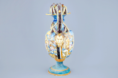 A tall Italian maiolica two-handled vase, 19th C.