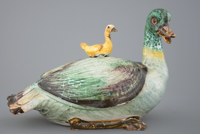 A polychrome duck-shaped tureen and cover, prob. Brussels, 18th C.