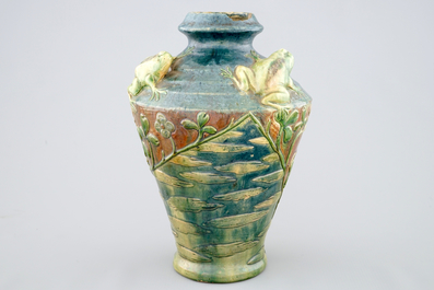 A Flemish pottery Art Nouveau vase with frogs, signed MP for Maes, Torhout, 20th C.