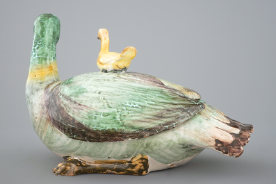 A polychrome duck-shaped tureen and cover, prob. Brussels, 18th C.